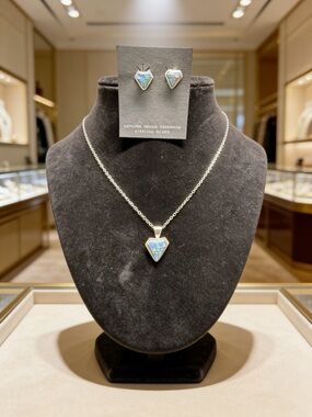 Sterling Silver Heart Opal Pendant & Stud Earrings - Blue